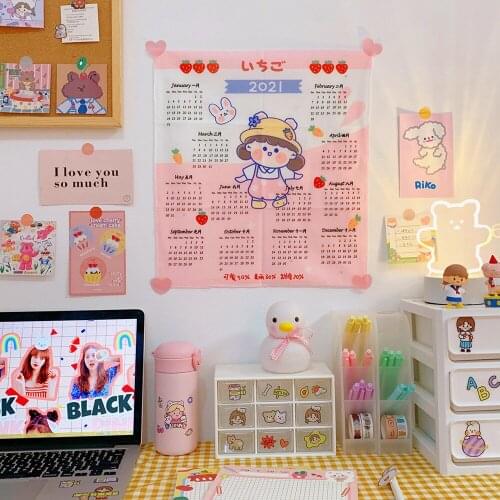 Kawaii Tapestry Wall Hanging Korean Background Cloth Ins Cute Wall Decor 2021 Calendar Tapestry Wall Tumblr Send Stickers