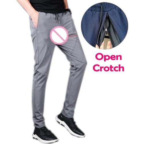 Sexy Open Zipper Crotchless Pants for Man Open-seat Crotch Male Sweatpants See Through Trousers with Hole Outdoor Lovers Croch