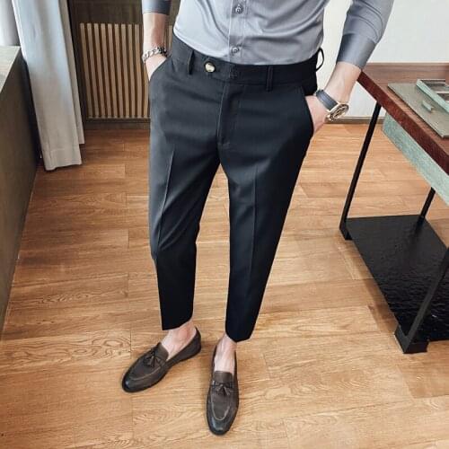 Korean business shoes casual pants mens office social pants formal solid wedding pants ankle length gray black 2021
