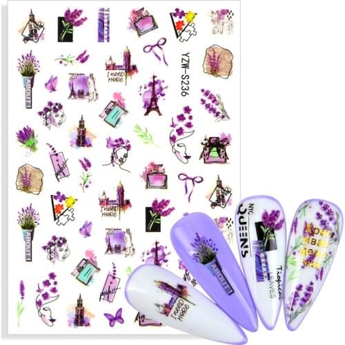 1pcs Flowers Geometric Lines Nail Water Decals Spring Simple Theme Lavender Floral Leaves Adhesive Sticker Nail Art Decoration