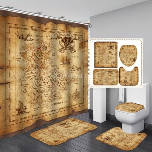 Pirate Treasure Map Shower Curtain Non Slip Rug Mat Bathroom Curtains Waterproof Polyester Bathroom Curtain with Hooks Modern
