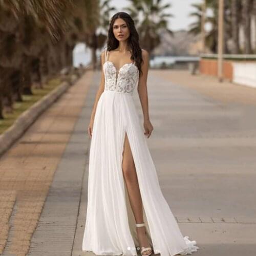 LORIE Chiffon Spaghetti Straps Boho Wedding Dresses A Line Lace Appliques Bride Dresses Side Split Wedding Gowns 2021
