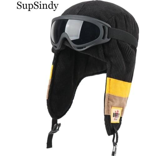 SupSindy Army Military Ushanka Men&Women Windproof Winter Bomber Hats with Goggle Cotton Warm hat Pilot Earflap Trapper Snow Cap