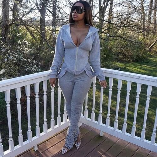 Streetwear 2 Two Piece Set Women Outfits Hooded Stacked Leggings Pants Women Matching Sets Activewear Ladies Tracksuits