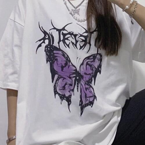 Womens T-shirt 2021 Summer Butterfly Print Short Sleeve Female T-shirt Harajuku Vintage Shirt Casual Ladies Tee Tops Clothes