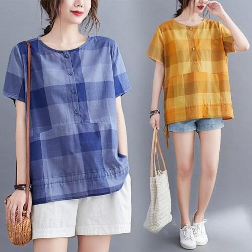 Plaid Short Sleeve T-shirt Women 2021 Summer t shirt Round Neck Pullover t shirts Tee Loose Blouse Top Streetwear