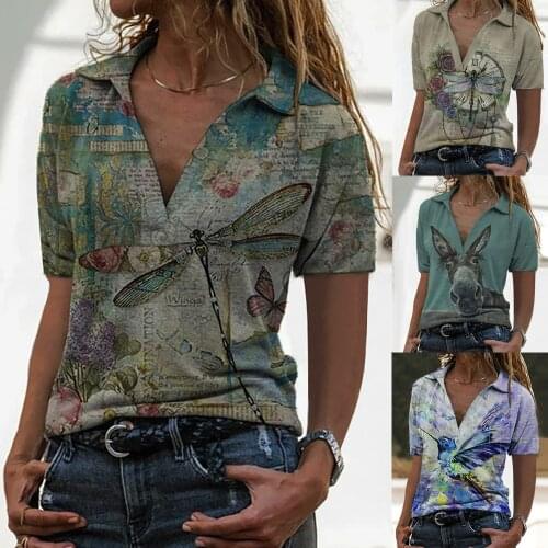Womens Summer Fashion Printed Dragonfly V Neck T Shirt Female Short Sleeve Tops Plus Size Loose 2021