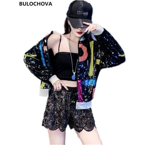 2021 Spring Women Runway Casual Sequins Stage Hip Hop Clothing Short Coat Print Multicolor Striped Sport Baseball Jacket Coats