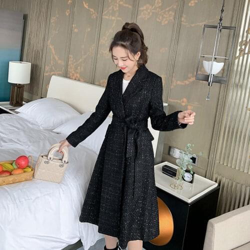 Elegant Fashion Vintage French Style Coat Black Tweed Jacket For Women Autumn Winter Clothing Long Plus Size Wool Overcoat f2304