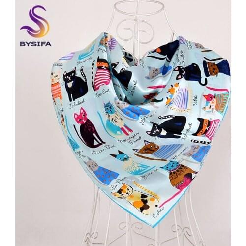 BYSIFA Twill Scarves New Light Blue 100% Silk Women Scarf Cape Spring Autumn Brand Cartoon Cat Large Square Scarves Head Scarf