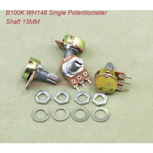 10pcs/lot) B100K 100K OHM 100KOhm WH148 Linear Single Rotary Potentiometer Pots Shaft 15MM With Nuts and Shim B100K-15MM
