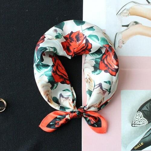 2021 New Women Fashion 100% Silk Scarf Small Bandana Flower Print Kerchief Square Headband Turban Bow Tied 53*53cm