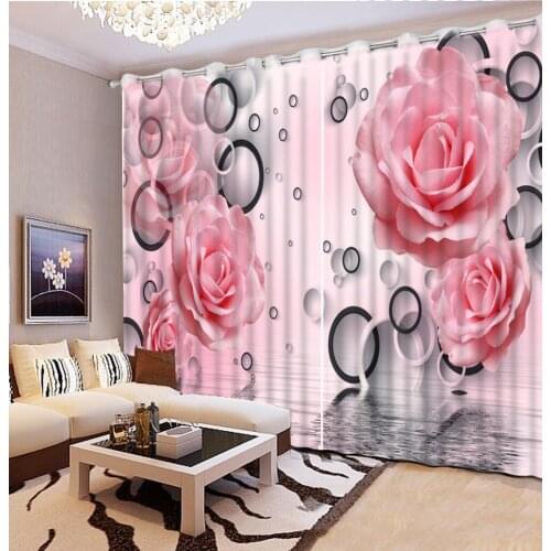3D Curtain Print 3D Blackout Curtains For Living Bedding Room Drapes Cotinas Pink Rose Black And White Circle Window