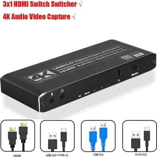 3x1 HDMI Switch Switcher 1080P 4K Audio Video Capture Card USB 3.0 Record Plate Game Live Streaming Broadcast Mic in TV Loop Out