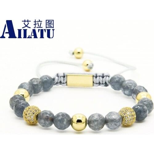 Ailatu Mens Jewelry Wholesale 10pcs/lot 8mm Faceted Grey Stone Beads with Clear Cz Beads Macrame Bracelet