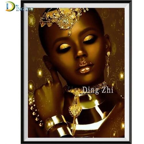 DIY 5D Diamond Painting Square/Round Art African Woman With Gold Color Jewelry Cross Stitch Crafts Embroidery Rhinestone Decor