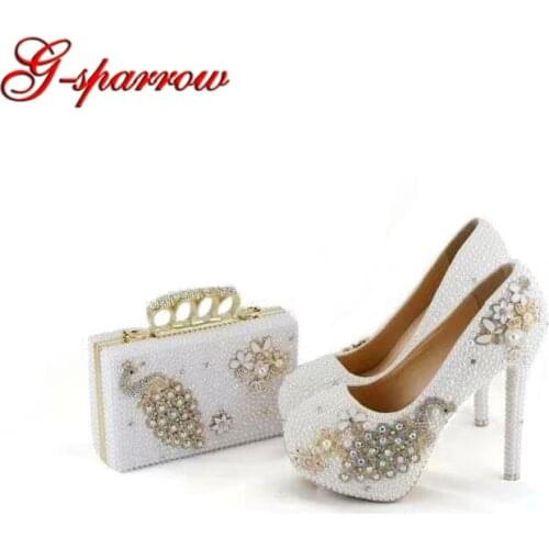 White Pearl High Heel Shoes with Finger Clutch Bag Phoenix Rhinestone White Wedding Party Bridal Shoes with Purse Ceremony Pumps