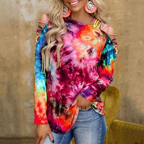 Women Sexy 3xl Plus Size Shirt Tops Cold Shoulder Long Sleeve Tie Dye Print Gradient 2021 Blouses Tunic Female Loose Chemise Top