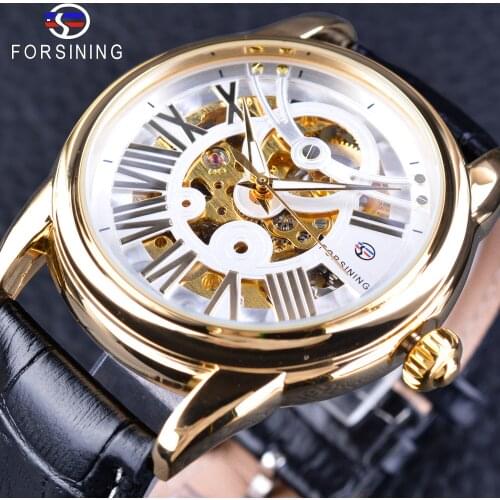 Forsining Official Exclusive Sale Limited Mens Golden Bezel Clock Genuine Leather Belt Mechanical Skeleton White Display Watch