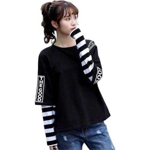 Japan Hip Hop T-shirts Men Women Funny Casual Long Sleeve Strip Harajuku Tshirt Streetwear Women Fake two piece T shirt Girls