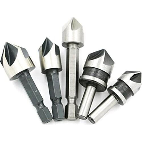 HLZS-5pc Industrial 5 Flutes Countersink Drill Bit Set Wood 45 Steel Working Chamfer