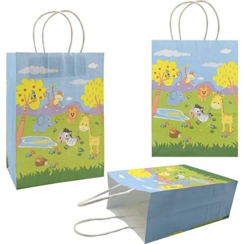 JQSYRISE 5Pcs Safari Jungle Party Animal Paper Bags With Monkey Lion Kids Birthday Party Gift Candy Bags Baby Shower Supplies