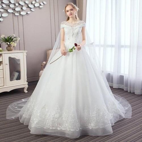 Short Cap Sleeves Sweep Train Lace Tulle Wedding Dresses with Embroidery Beads Sequined Bridal Dress Marriage Custom Sizes