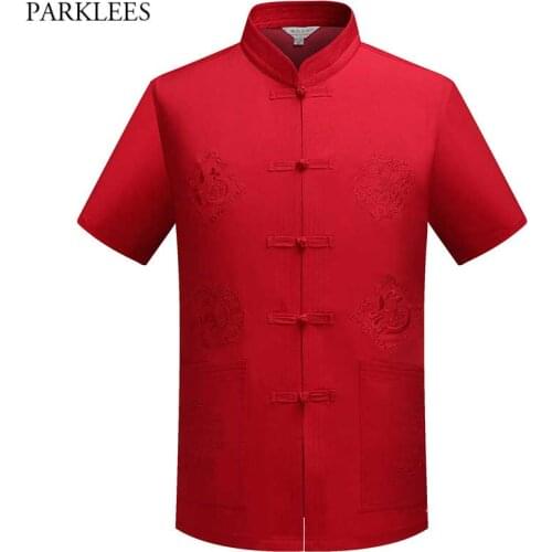 Red Traditional Chinese Style Tang Shirt Men Mandarin Collar Frog-Button Linen Shirts Mens Tai Chi Wing Chun Kung Fu Clothing