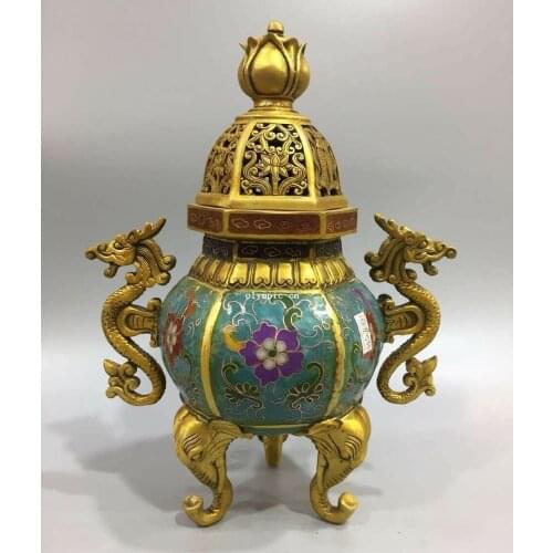 11'' bronze copper gold cloisonne enamel flower dragon incense burner censer