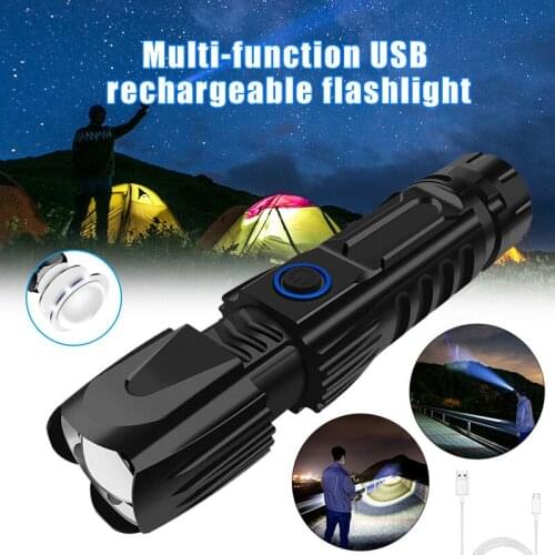 Multifunction LED Flashlight USB Rechargeable Zoomable Torch Light Power Display Safety Hammer for Outdoor Camping Fishing MC889