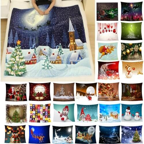 Soft Flannel Christmas Blanket Double Fleece w/ Xmas Print Soft Warm Sofa Throw Blanket for Taveling Camping Home Decor Supplies