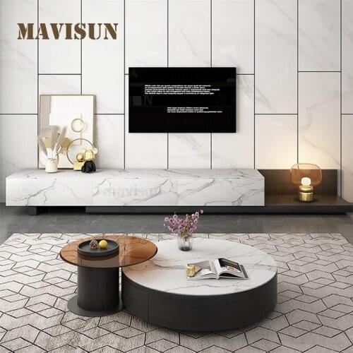 New Round Bright Rock Slab Coffee Table Set Mild Luxury Brown Glass Tea Table And MultifunctionMarble TV Cabinet Home Furniture