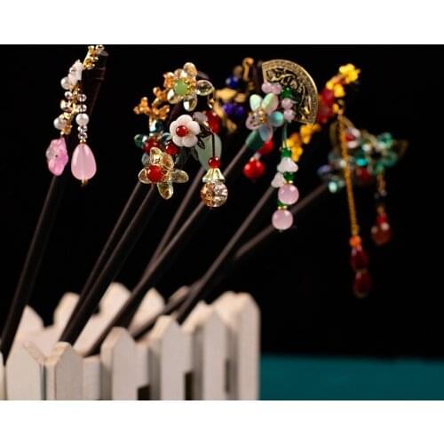Newest Flower Hair Forks Retro Long Tassels Hairpins Clips Wooden Hair Sticks Lampwork Bead Step Shake Chinese Wedding Bride