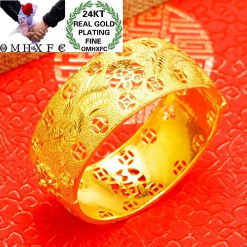 OMHXFC Wholesale BE432 European Fashion Bride Party Birthday Wedding Gift Vintage Dragon Phoenix Wide 24KT Gold Bracelet Bangle