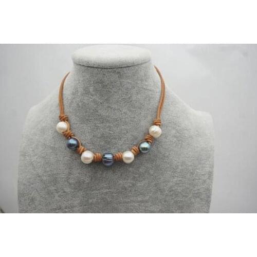 Unique Pearls Jewelry Black White Potato Genuine Freshwater Pearl Real Leather Necklace Charming Women Wedding Gift