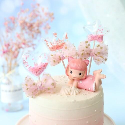Pink Love Happy Birthday Cake Topper Crown Fairy PVC Wedding Cupcake Topper for Wedding Girls Birthday Party Cake Decorations