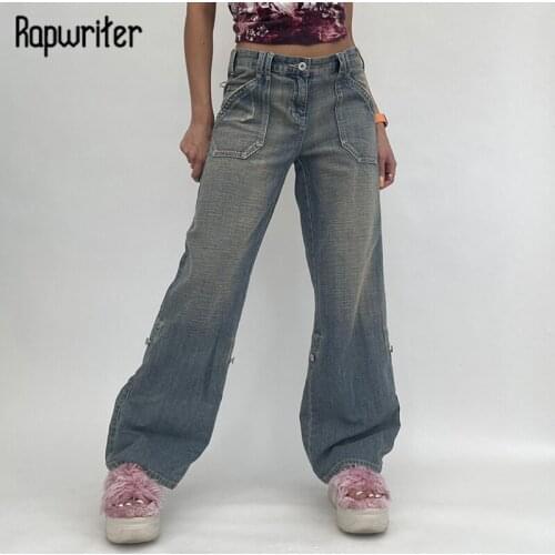 Rapwriter Stylish Distressed Ripped Jeans y2k Pocket Denim Pants Women Casual High Waist Cargo Pants Autumn Streetwear Trousers