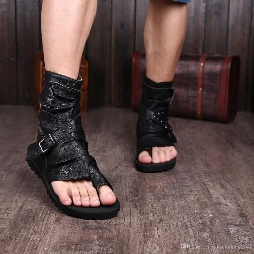 Gladiator Sandals for Men Black White Ankle Leather Men Flats Italian Shoes Sandals Mens Slippers