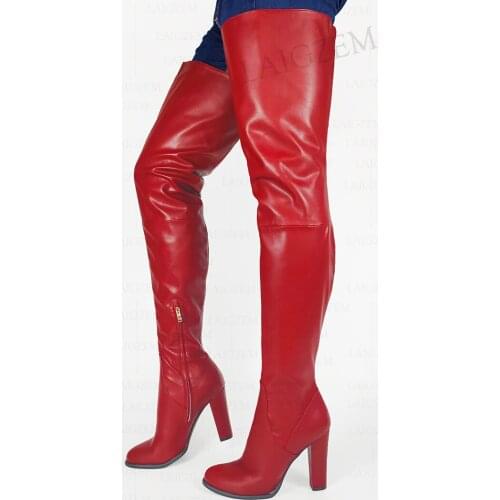 LAIGZEM Women Thigh High Boots Faux Leather Thick Heels Over Knee Boots Round Toe Handmade Ladies Shoes Woman Big Size 41 44 47