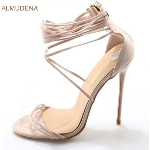 ALMUDENA Sexy Ladies Beige Suede Cross Strappy Sandals Thin High Heel Banquet Dress Shoes Dropship Plus Size Women Pumps
