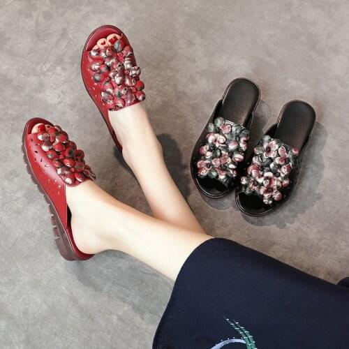 Womens Genuine Leather Summer Slippers Woman Peep Toe Shoes Ladies Flowers Ethnic Wedges Slides Female Casual Flower Footwear
