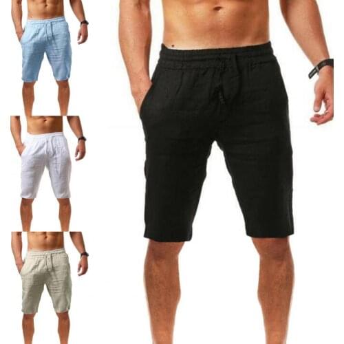 Men Shorts Solid Color Breathable Cotton Linen Drawstring Mid Rise Short Pants Knee-length Shorts for Running legging