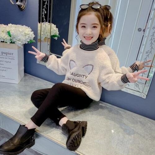 Girls' Hoodies Sweatshirts Kids Underwear 2021 Beige Plus Velvet Thicken Warm Winter Autumn Cotton Tops Fleece Childrens Clothi