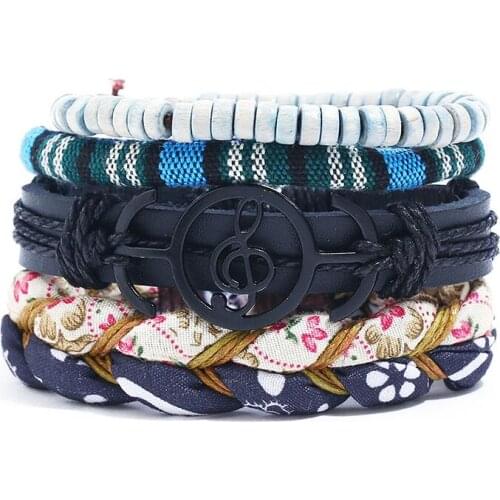 Vintage Music Note Charm Bracelets Set Punk Men Women Handmade Braided Leather Wristbands Bangle Wrap Fashion Retro Jewelry Gift