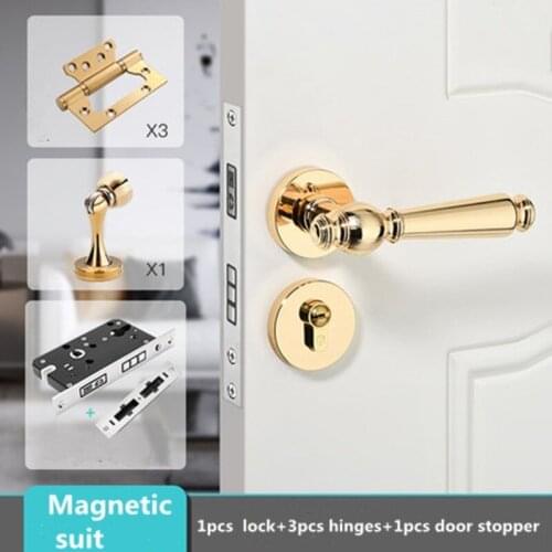 Top quality fashion luxury bright gold Magnetic mute indoor handle lock solid wooden bedroom book room lock hinge door stopper
