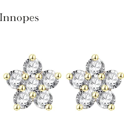 Innopes Trendy Luxury Crystal Flower Steel copper Stud Earrings For Women Girl New Fashion Elegant Gold Color Zircon Earrings