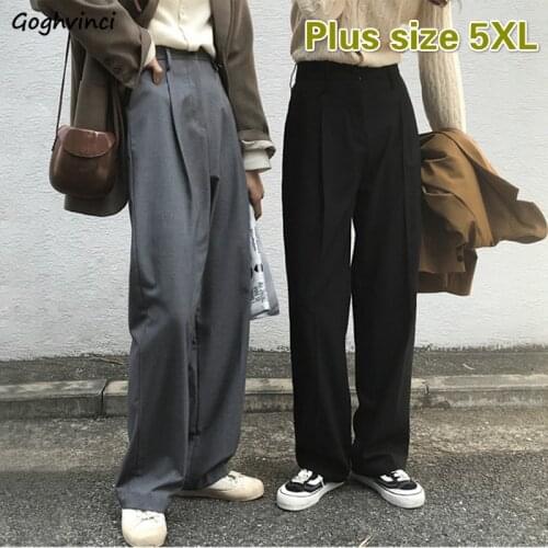 Women Solid Simple High Waist Straight Casual Pants Plus Size 5XL Streetwear Ladies Loose Suit Trousers Pocket Full Length Teens
