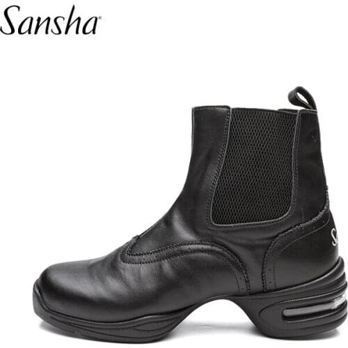 Sansha Adult Durable Boots Black Cow Leather Air Cushion PU Soft Sole Square Slip On Jazz Modern Dance Shoes Women H193LCO