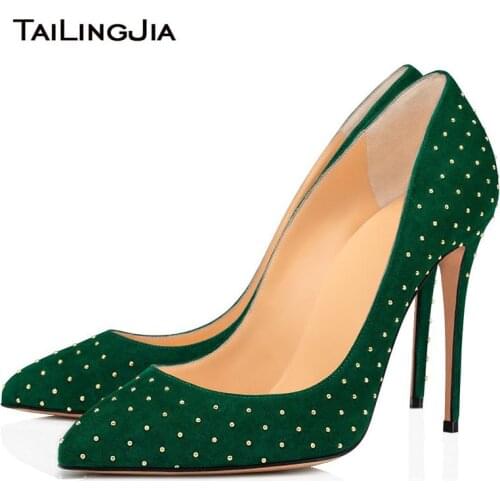 Tailingjia Elegant Black PU Leather Studded Ladies Shoes 2020 Green Faux Suede Pointed Toe 10cm High Heel Women Pumps With Studs