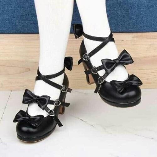 Japanese sweet lolita shoes vintage round head high heel 5-8cm women shoes lace bowknot cross bandage kawaii shoes loli cosplay